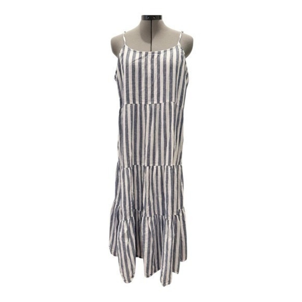Beach Lunch Lounge Lana Striped Maxi Linen Dress Tiered Smocked Bodice XL - Picture 3 of 9